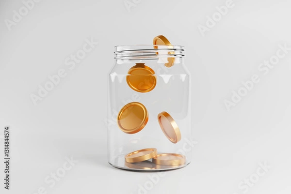 Fototapeta Gold coins are falling into a glass jar. money saving concept. 3D rendering