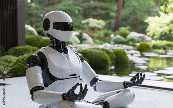 Fototapeta Meditative Robot in Tranquil Garden Futuristic Technology Zen Environment Serene Viewpoint for Relaxation