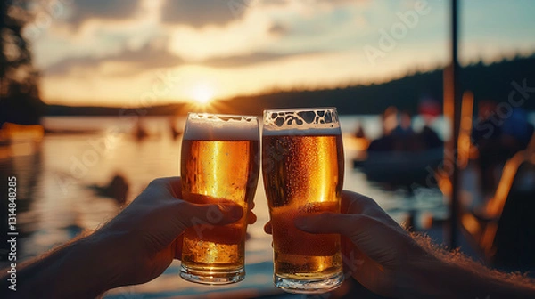Fototapeta Two hands clink glasses of cold beer against a golden sunset, reflecting on calm waters, evoking a sense of joy and relaxation.