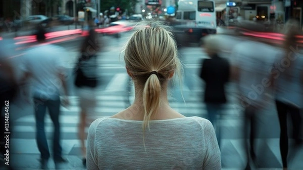 Obraz A woman stands in place at a busy intersection with her head up. People are walking by. The photo was taken with a shutter speed, the woman is in focus, the people around are blurred. Still shot films