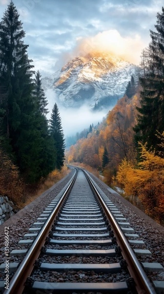 Fototapeta Majestic mountain view along a tranquil railway track surrounded by autumn colors at dawn. Generative AI