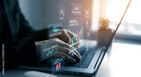 Fototapeta Digital marketing for promotion of products with social media, email, website and channel search engine.Attract organic traffic for big sales.
