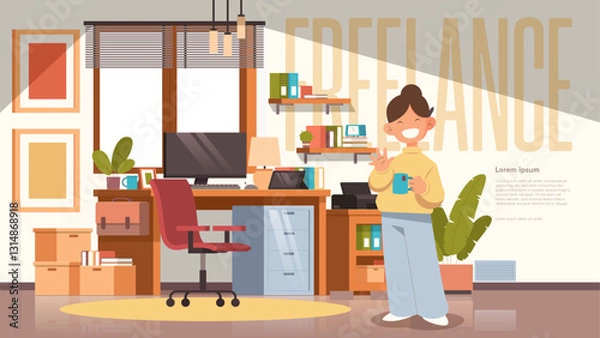 Fototapeta Cartoon Flat Design Freelancer Office Room Illustration