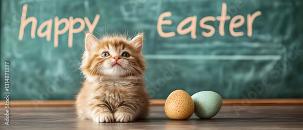 Obraz cute kitten sitting in front of chalkboard with easter eggs near to him and "happy easter" greetings
