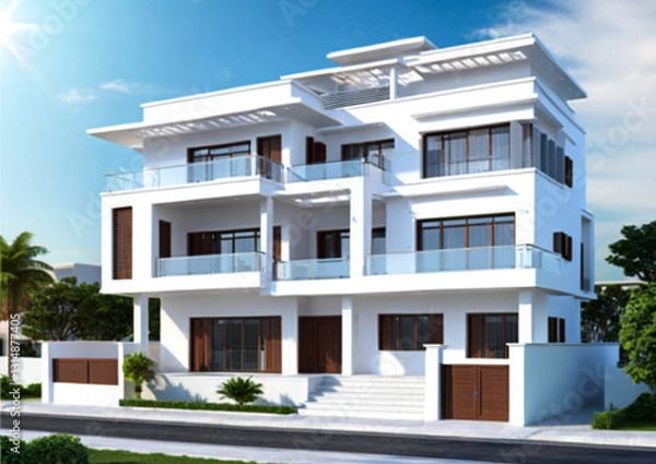 Fototapeta modern duplex villa with a sleek white exterior. The building features clean lines, large glass windows, and spacious balconies with glass railings.