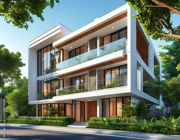 Fototapeta three-story residential building with a focus on modern architectural elements. The building features a white exterior, sleek glass balconies, and wooden accents on doors and railings. 