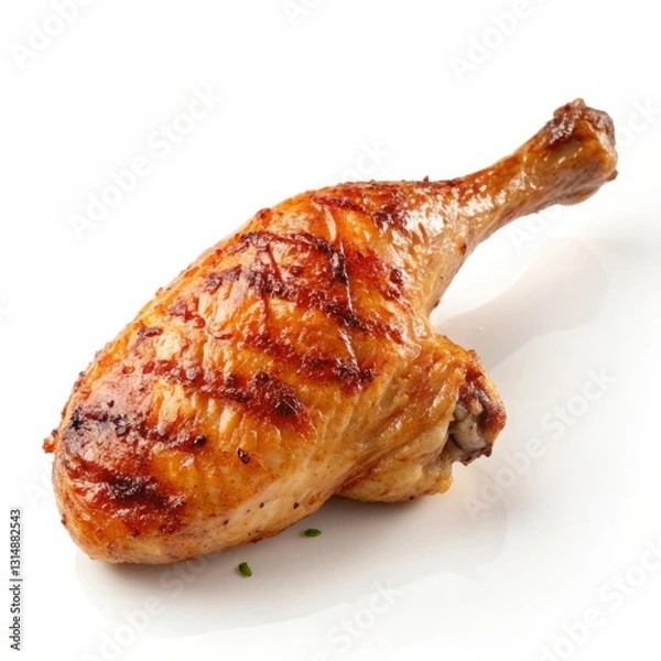 Fototapeta Grilled Chicken Drumstick with Charred Marks on a White Background