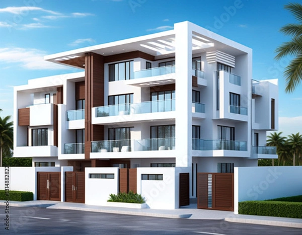 Fototapeta modern residential apartment complex with a clean white exterior and glass balconies. Include landscaped greenery, small palm trees, and a well-paved entrance. 