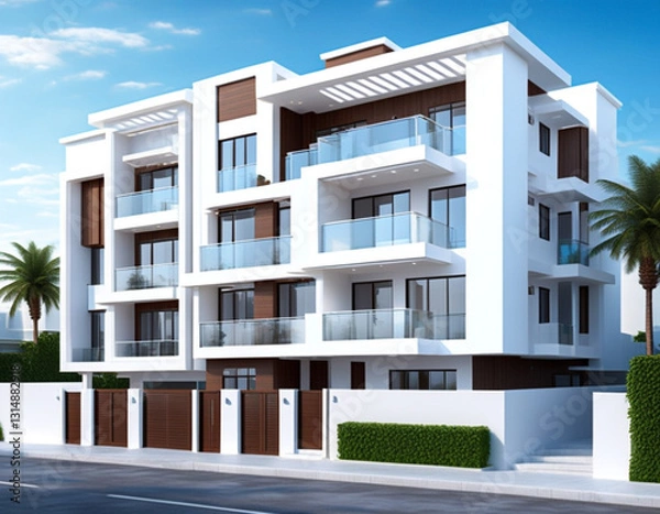 Fototapeta modern residential apartment complex with a clean white exterior and glass balconies. Include landscaped greenery, small palm trees, and a well-paved entrance. 