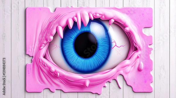 Fototapeta Creative home decor, unique rug with psychedelic horror eye. Hyper realistic blue eye with pink dripping frame