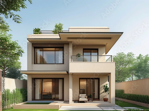 Obraz modern Indian middle-class home. The house has a compact, two-story design with a beige or pastel-colored exterior, flat roof, and simple balcony.