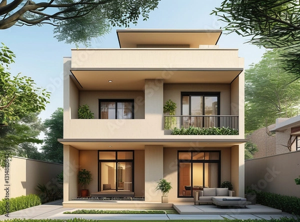 Obraz modern Indian middle-class home. The house has a compact, two-story design with a beige or pastel-colored exterior, flat roof, and simple balcony.