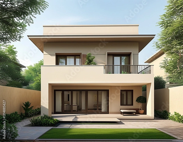 Obraz modern Indian middle-class home. The house has a compact, two-story design with a beige or pastel-colored exterior, flat roof, and simple balcony.
