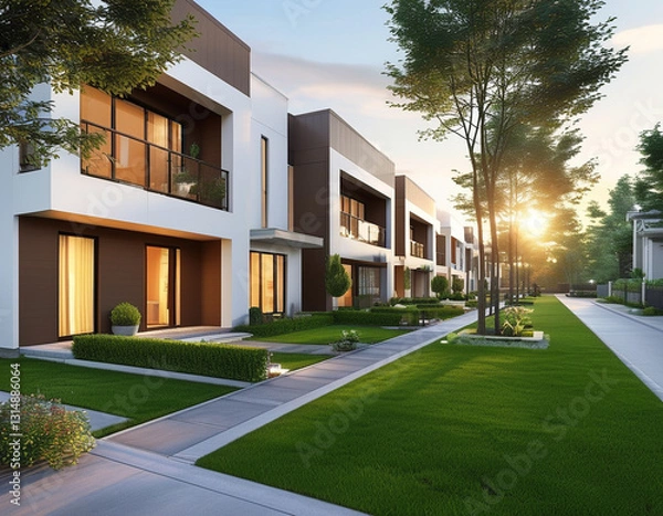 Obraz affordable duplex homes in a suburban area. The homes have simple, modern designs with white walls, brown accents, and large windows.