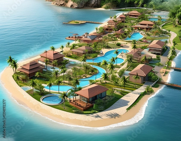 Obraz  site plan of a luxury beach resort, showcasing villas, pools, restaurants, and beachfront areas. Include winding pathways, landscaped gardens, and recreational facilities like tennis courts and spas.