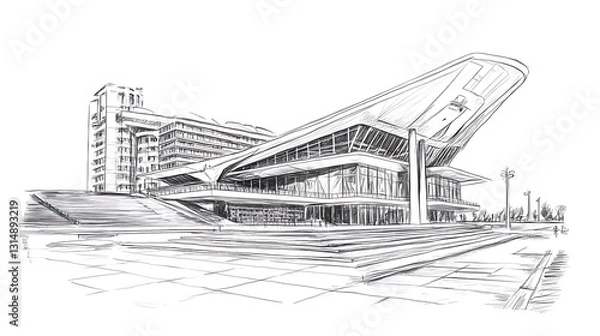 Fototapeta Architectural sketch of a modern building with a distinctive winged roof set against a backdrop of tiered plazas and an adjacent high-rise.