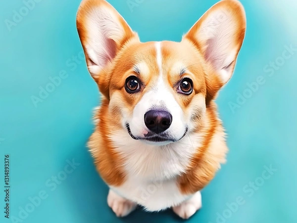 Fototapeta A charming corgi puppy with large ears gazes upwards with bright hopeful eyes against a vibrant turquoise backdrop.