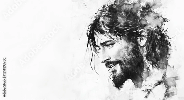 Fototapeta Hand drawn silhouette of Ascension of Jesus Christ. Christian background with space for text