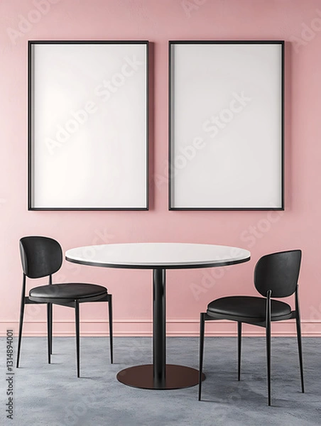 Fototapeta Minimalist scene: two blank framed posters above a small round table and two chairs against a pink wall.