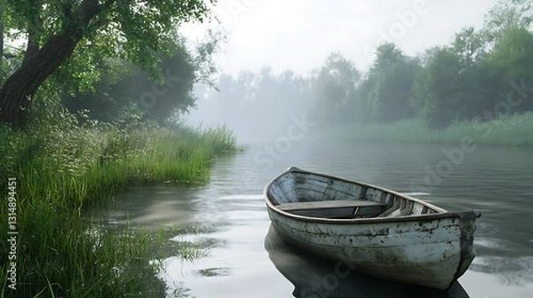 Fototapeta A serene boat rests on a misty river surrounded by lush greenery.