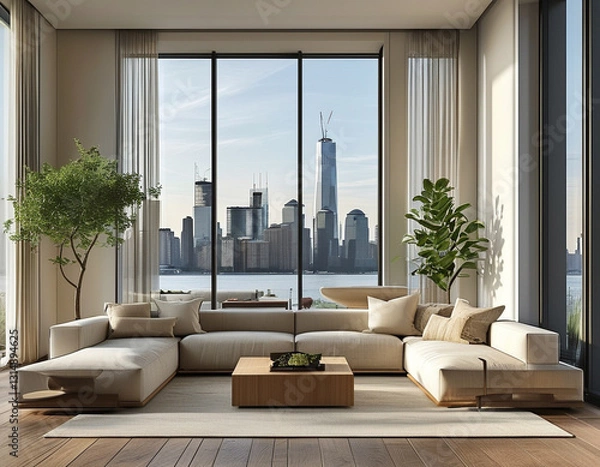Obraz minimalist interior design of a luxury living room with modern furniture, large windows offering a scenic view of a city skyline.
