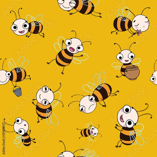 Fototapeta Seamless vector pattern with cute cartoon bees.