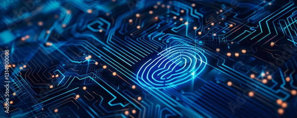 Fototapeta Circuit board with glowing fingerprint for digital security
