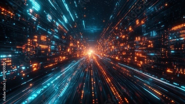 Fototapeta Dynamic light speed travel through a futuristic data city cybernetic environment digital art sci-fi viewpoint