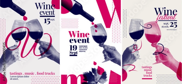 Obraz Poster template with hands toasting with wine glasses. Halftone effect. Collage. Vector illustration.