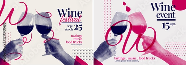 Fototapeta Poster template with hands toasting with wine glasses. Halftone effect. Collage. Vector illustration.