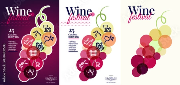 Fototapeta Poster template with concept of bunch of grapes and icons of wine world. suitable for wine events. Vector