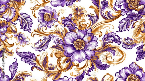Fototapeta Vibrant floral pattern featuring purple and gold flowers on white background, showcasing intricate details and elegant design. Perfect for textiles and wallpapers