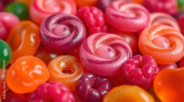 Fototapeta A Vibrant Swirl Of Fruity Delights, A Tempting Mix Of Candy Colors And Textures, A Sweet Explosion Of Gummy Goodness In Close-up Detail
