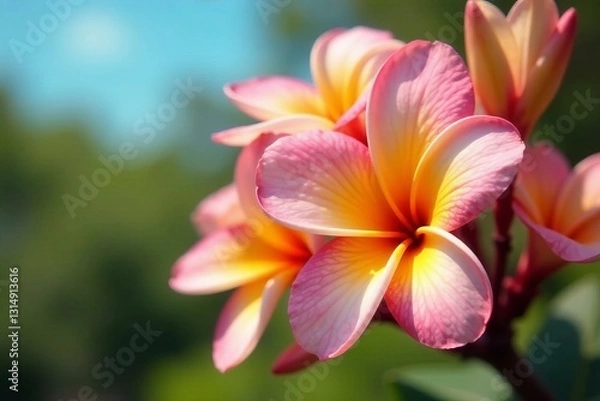 Fototapeta Close-up of vibrant frangipani flowers on a sunny day, nature, tree