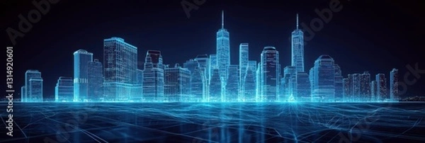 Fototapeta Futuristic cityscape with blue wireframe buildings and digital matrix background