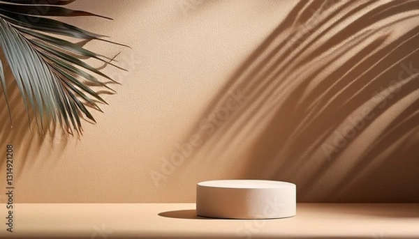 Fototapeta minimal product display with palm leaf shadows on warm beige plaster wall luxury summer architecture interior aesthetic boho home decor product platform stage mockup