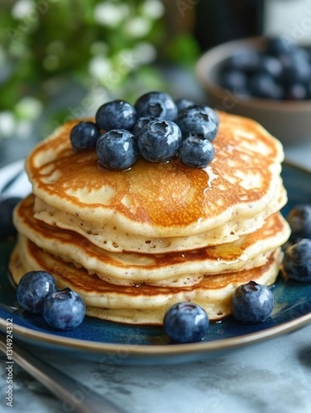 Fototapeta Stack of Delicious Pancakes Topped with Fresh Blueberries on a Blue Plate in Natural Light Setting