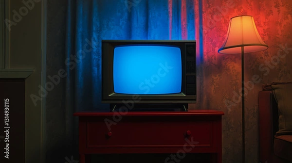 Obraz Old retro television with blue glow in a dark room