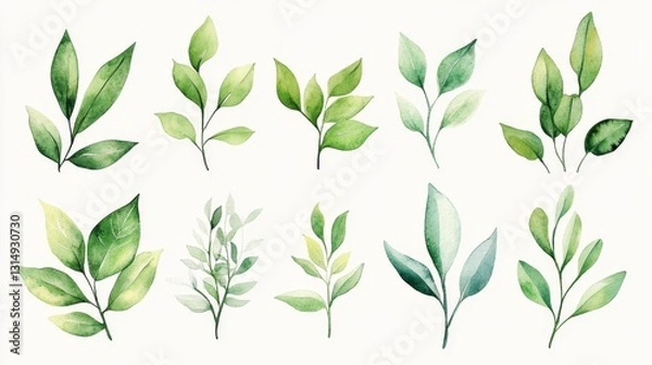 Fototapeta Creating a fresh natural watercolor set of green leaves artistic studio digital artwork creative space aesthetic concept