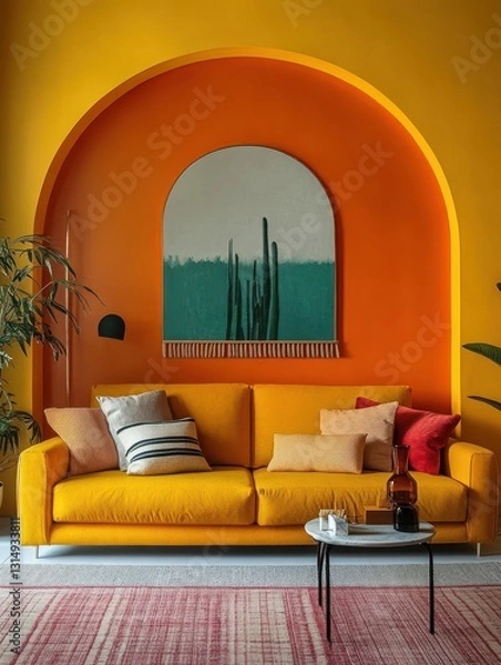 Fototapeta Modern living room featuring a vibrant orange and yellow color scheme