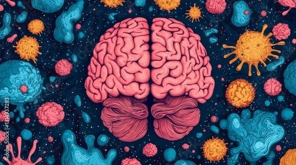Fototapeta A colorful illustration of a brain surrounded by various microorganisms, highlighting the connection between mental processes and biology.