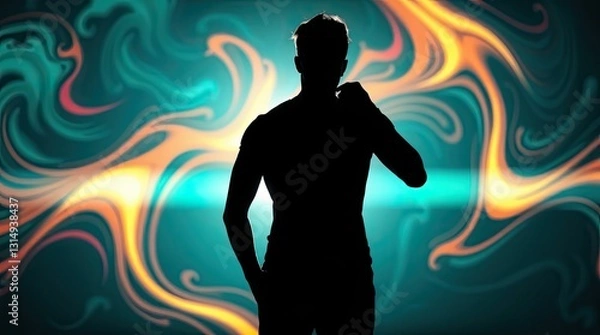 Fototapeta A silhouette stands against a vibrant abstract background of swirling colors showcasing dynamic modern creativity