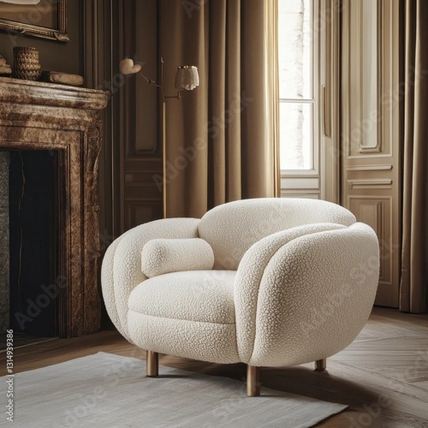Fototapeta Elegant Ivory Textured Boucle Chair Sits in a Cozy Room