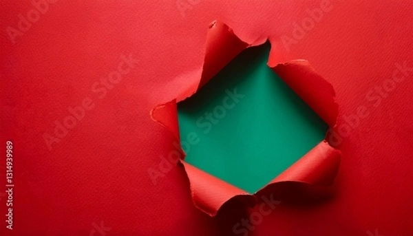 Fototapeta hole in red paper on color background