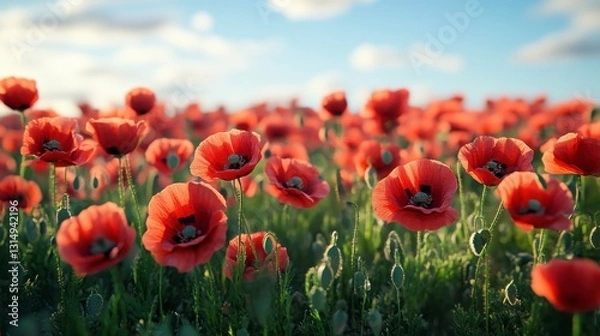 Fototapeta A vibrant field of red poppies under a blue sky, creating a picturesque and serene natural landscape.
