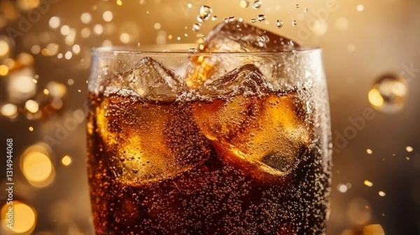 Fototapeta Refreshing beverage with ice and bubbles.