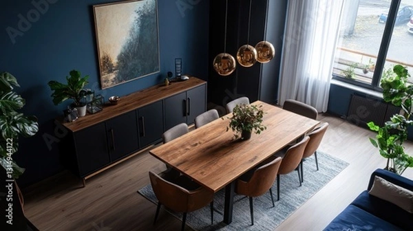 Fototapeta Modern Dining Room Interior, Dark Blue, Wooden Table
