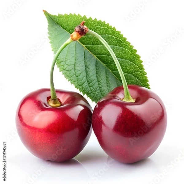 Fototapeta two fresh cherries with stem and leaf background white.