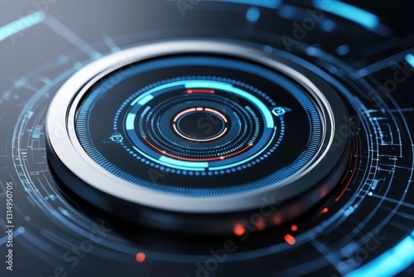 Fototapeta A futuristic circular interface with glowing blue and red elements, showcasing advanced technology and digital design.