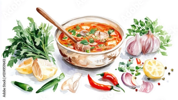 Fototapeta Asian tom yam soup with meat and hot red pepper. Watercolor painting on a white background. Vector illustration. 